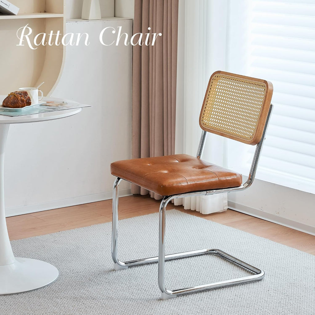 Cantilever Dining Chair, Single Modern Armless Chair with Chrome Steel Frame, PU Leather Seat and Rattan Backrest, 17.7" Seat Height Kitchen & Dining Room Chair (Brown, Set of 2)