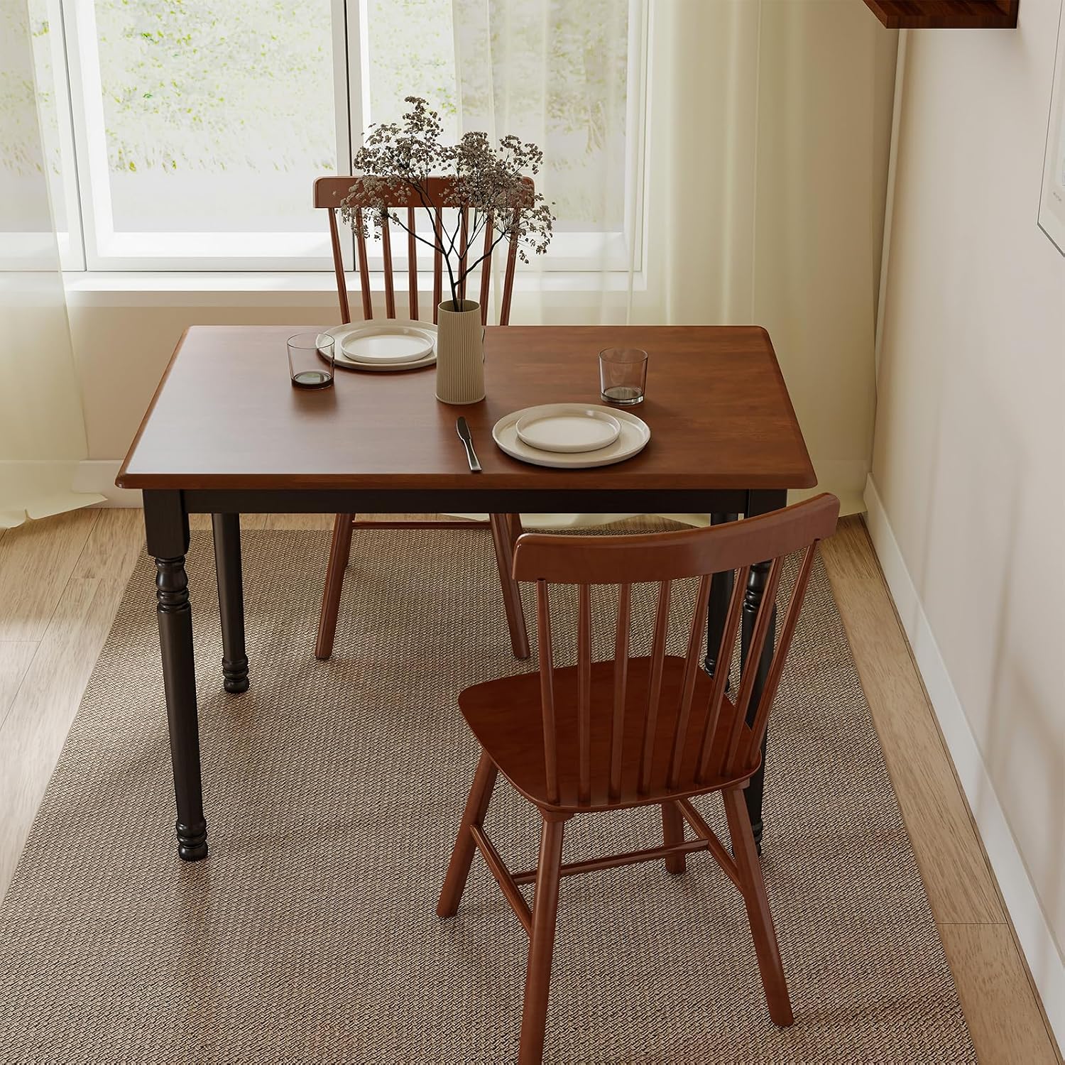 Kmax Small Dining Table for 2-4, Solid Wood Dining Table for Small Spaces 2 Person Rectangle Kitchen Table Space Saving Dinner Table for Apartment - Walnut Top, Black Legs