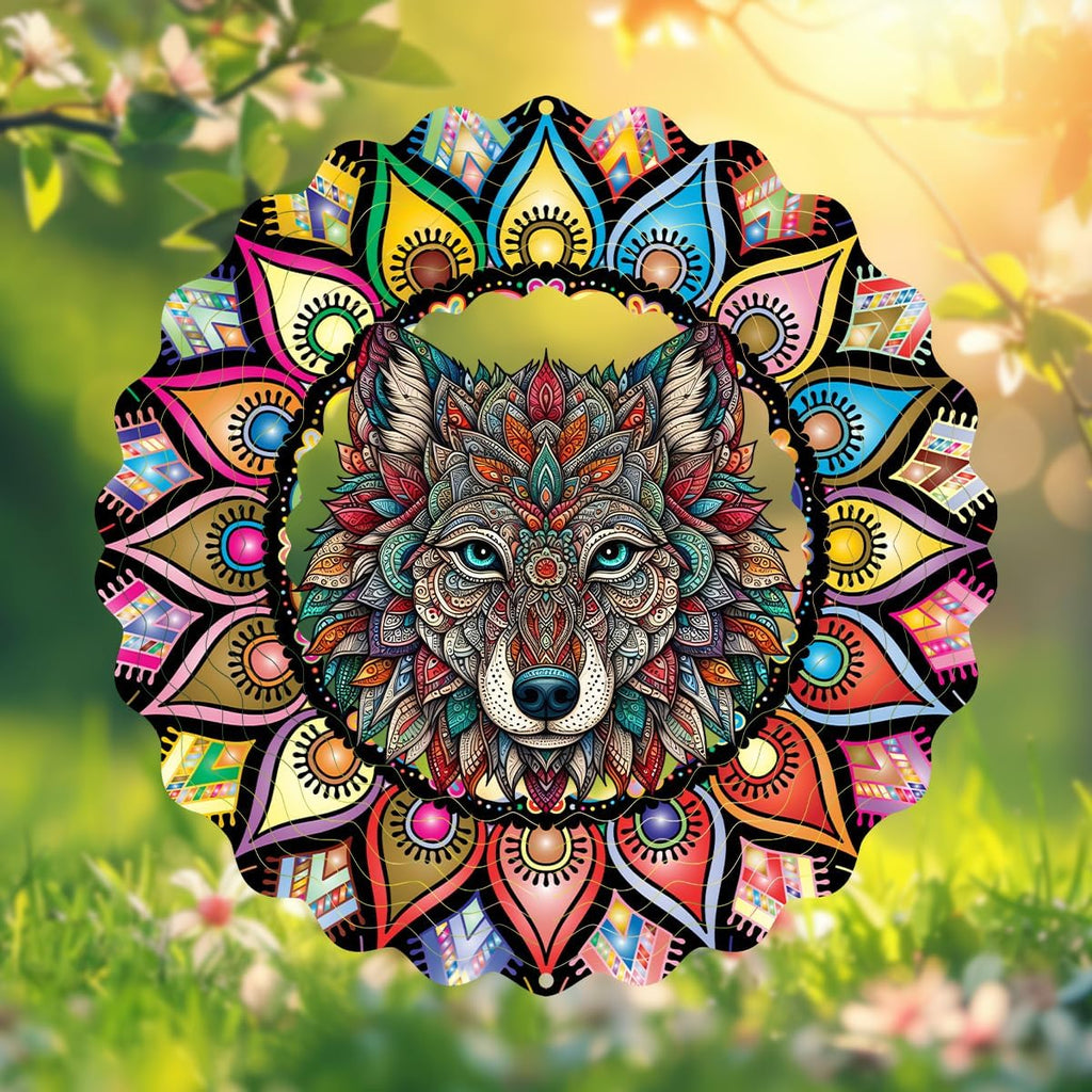 Hanging Wolf Wind Spinner for Outdoor Indoor 3D Stainless Steel Wind Sculptures 10 Inch Cool Animal Metal Wind Spinner for Yard Garden Living Room Zoo Great Gift for Women Friend