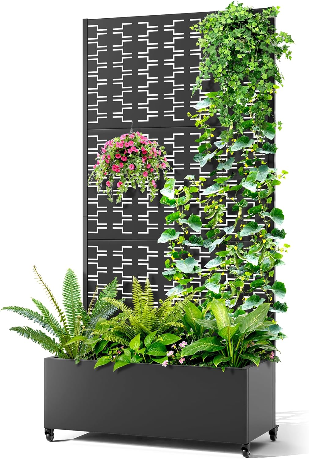 Metal Raised Garden Bed with Trellis, 2-in-1 Planter Box & Privacy Screen for Climbing Plants, Outdoor Standing Flower Bed with Drainage Holes, 35.4" L x 15.7" W x 70.1" H, Black-Brick