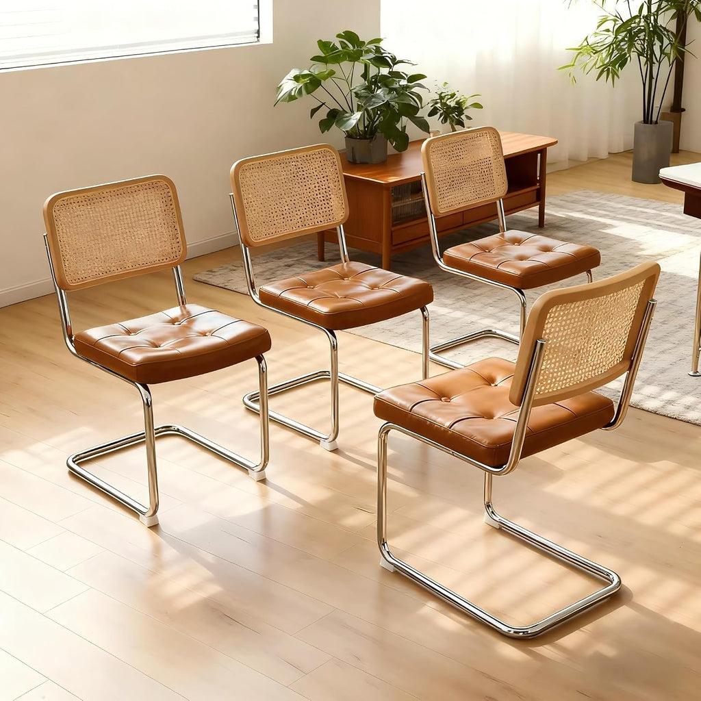 HAZO Mid Century Modern Dining Chairs Set of 2, Velvet Rattan Dining Room Kitchen Side Chairs with Upholstered Seat and Metal Chrome Legs (Brown Leather, 4 Pcs Dining Chairs)