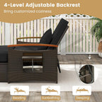 COSTWAY Patio Rattan Daybed, Outdoor Loveseat Sofa with Storage Ottoman, 4-Level Adjustable Backrest & Acacia Wood Armrest, Outdoor Wicker Daybed with Side Panels for Yard, Deck, Poolside (Black)