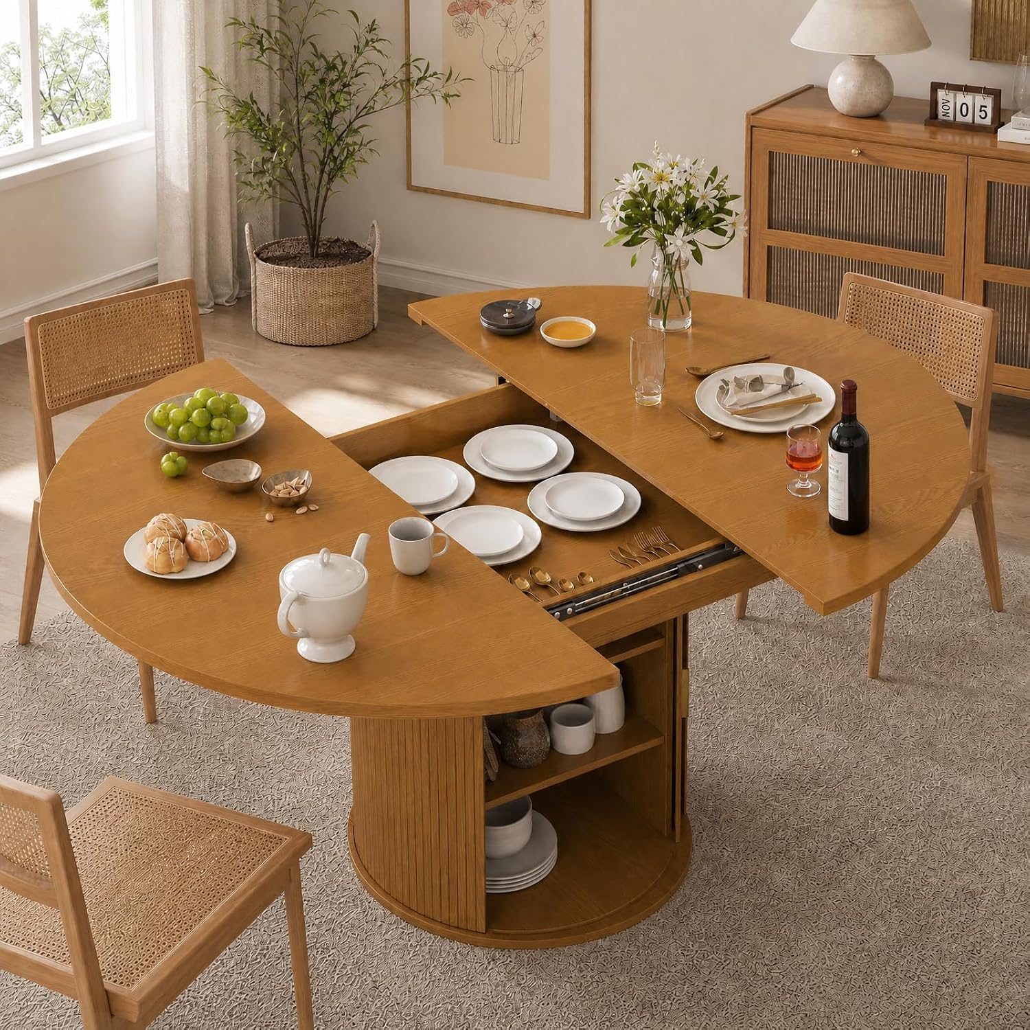 DHH 47"-63" Extendable Round Dining Table for 4–8 with Storage, Mid Century Modern Farmhouse Wood Oval Dinner Table with Pedestal Base for Kitchen, Living Room (Yellow Walnut)