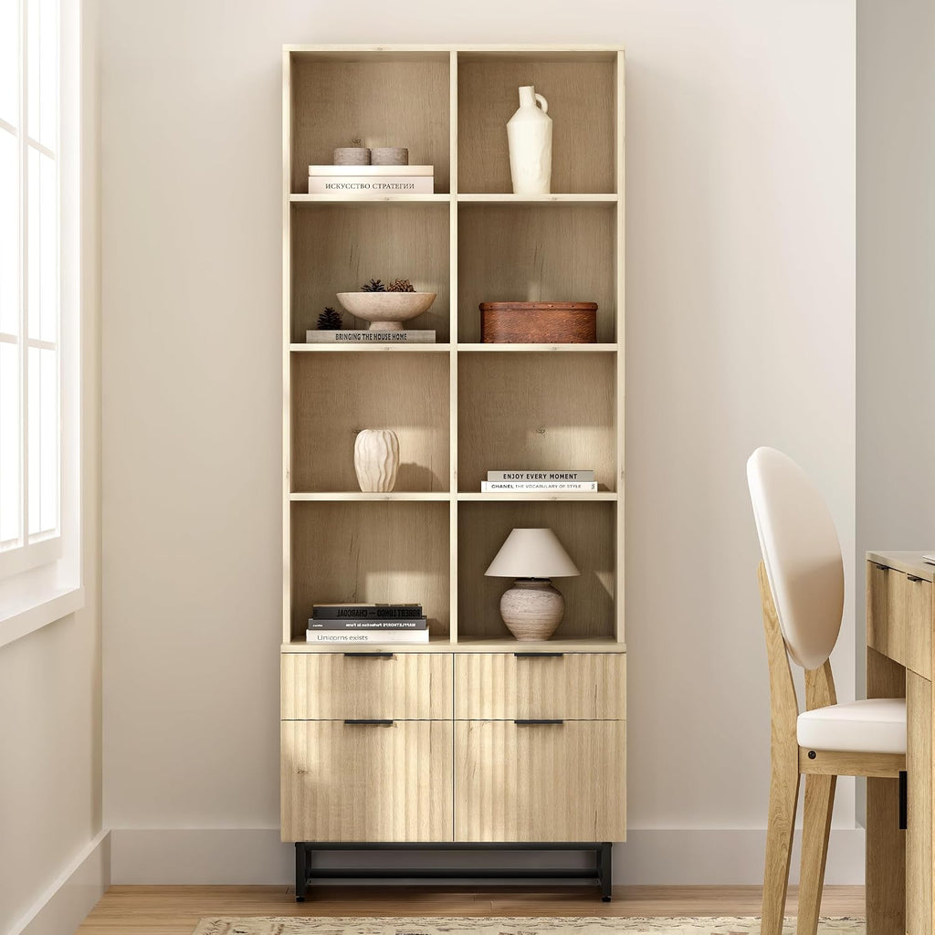 71" Tall Fluted Kitchen Pantry, Mid Century Modern Storage Cabinet with Drawers and Adjustable Shelves 6 Tier Display Bookshelf Cupboard for Dining Room Living Room Home Office, Light Oak