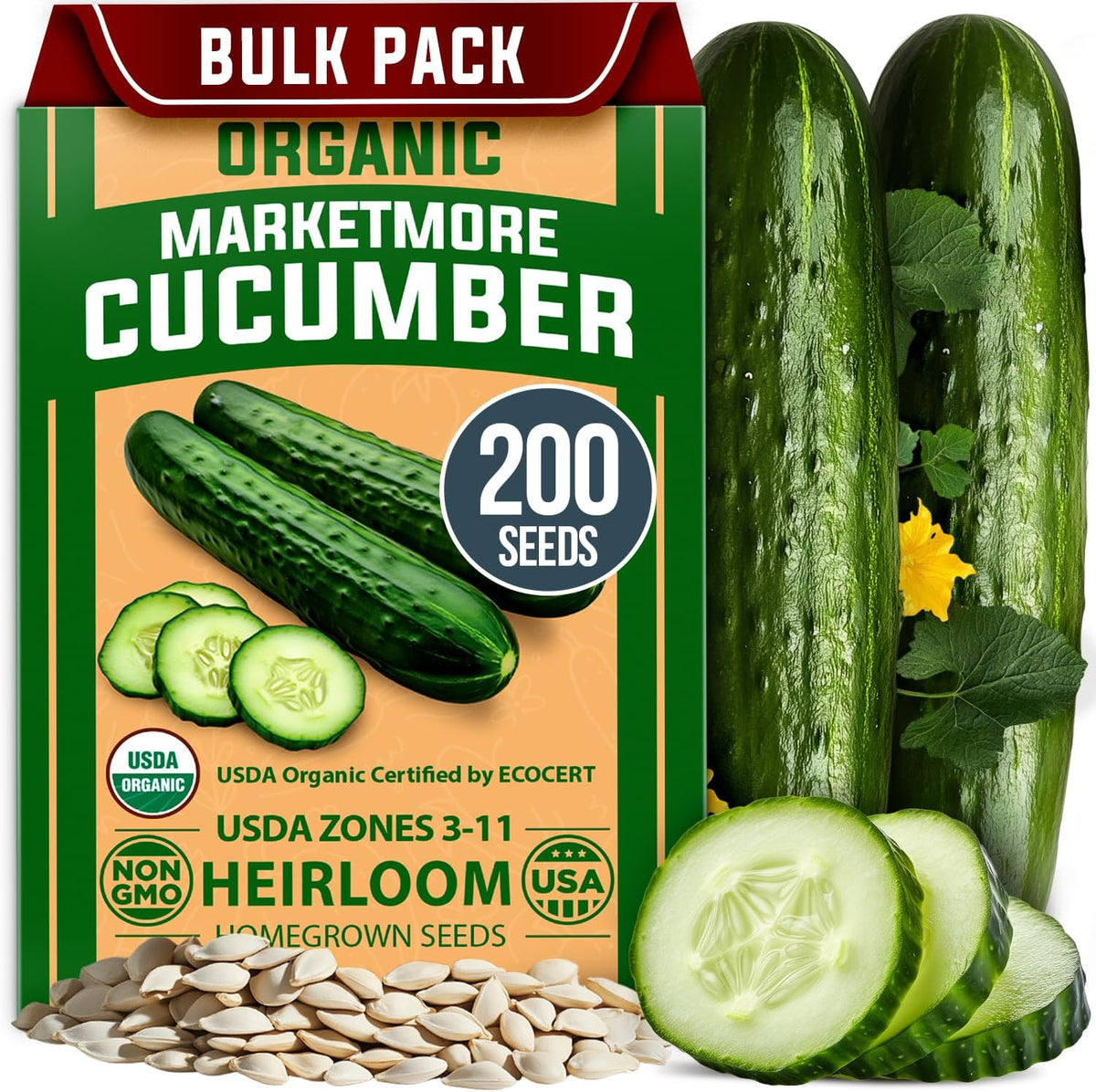 HOME GROWN 𝗨𝗦𝗔 𝗣𝗥𝗘𝗠𝗜𝗨𝗠 Organic Cucumber Seeds - 200 Marketmore Heirloom 𝗡𝗢𝗡-𝗚𝗠𝗢 Vegetable Seeds for Planting in Trellises, Raised Beds, Containers (Cucumis sativus)