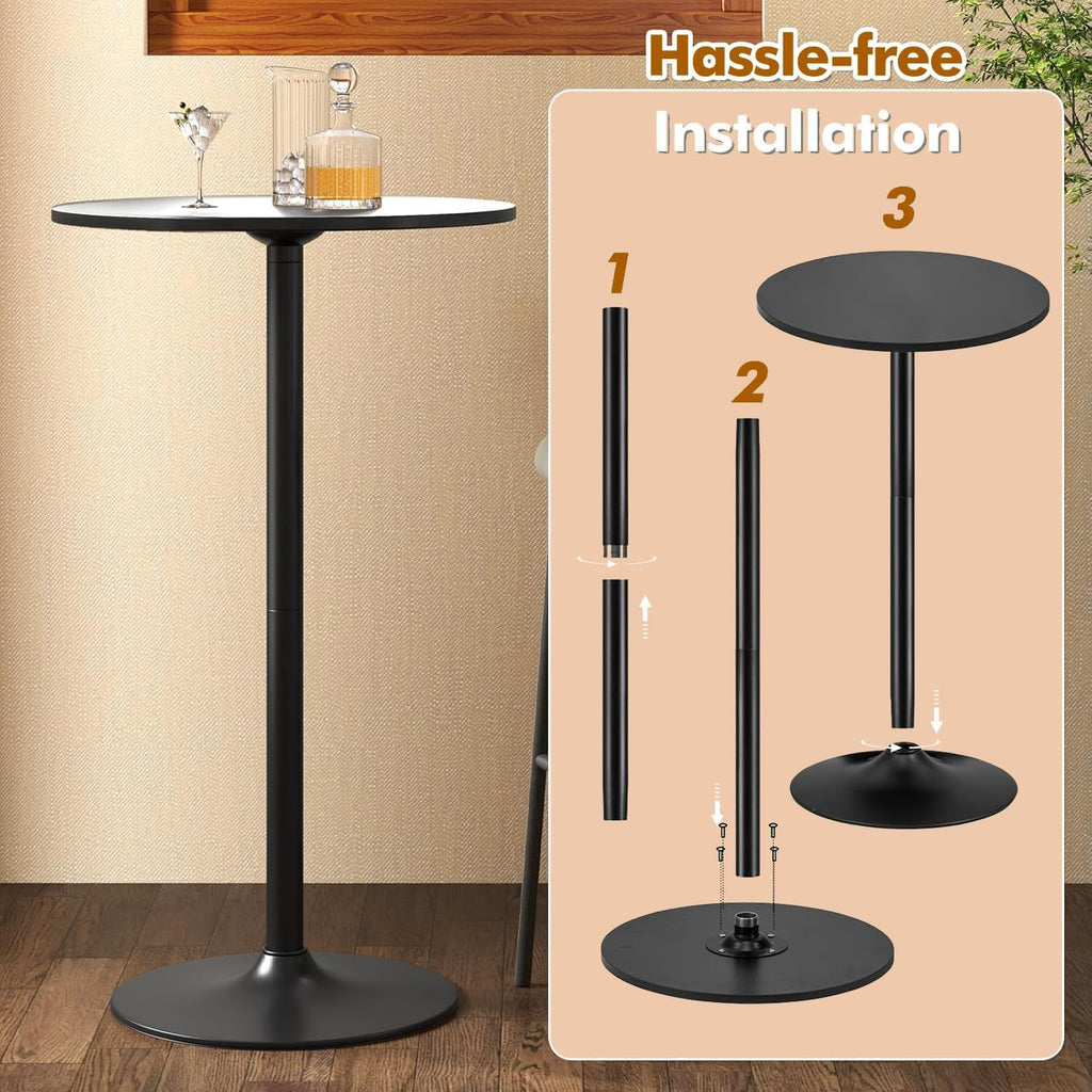 COSTWAY 3 Pieces Bar Table Set, Counter Height Table Set with 2 Bar Stools | Round Cocktail Table and PU Leather Adjustable Swivel Chairs, for Small Space, Kitchen, Office (Black+Black)