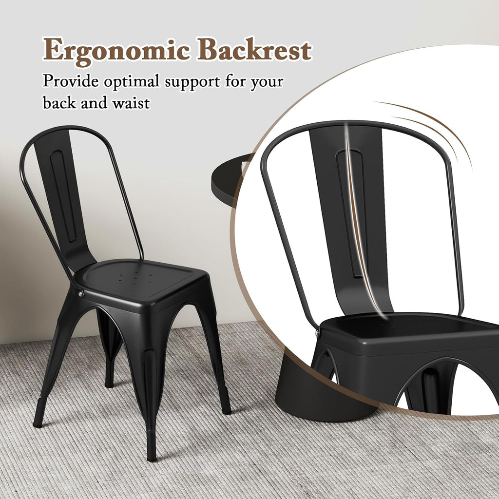 Giantex Metal Dining Chairs Set of 4, Farmhouse Kitchen Chairs with Removable Backrest, Space-Saving Stackable Bistro Cafe Side Chairs for Dining Room, Living Room, Restaurant (Black)
