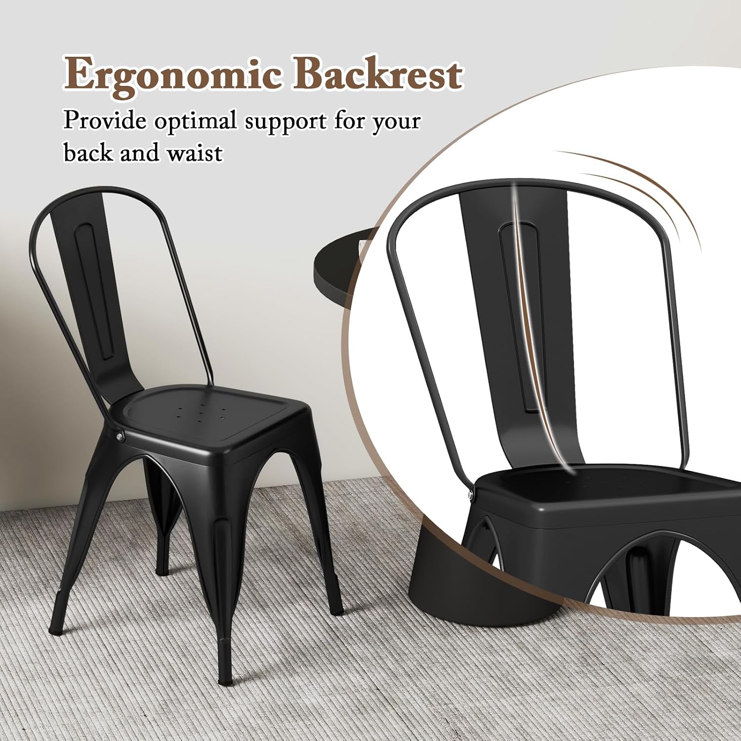 Giantex Metal Dining Chairs Set of 4, Farmhouse Kitchen Chairs with Removable Backrest, Space-Saving Stackable Bistro Cafe Side Chairs for Dining Room, Living Room, Restaurant (Black)