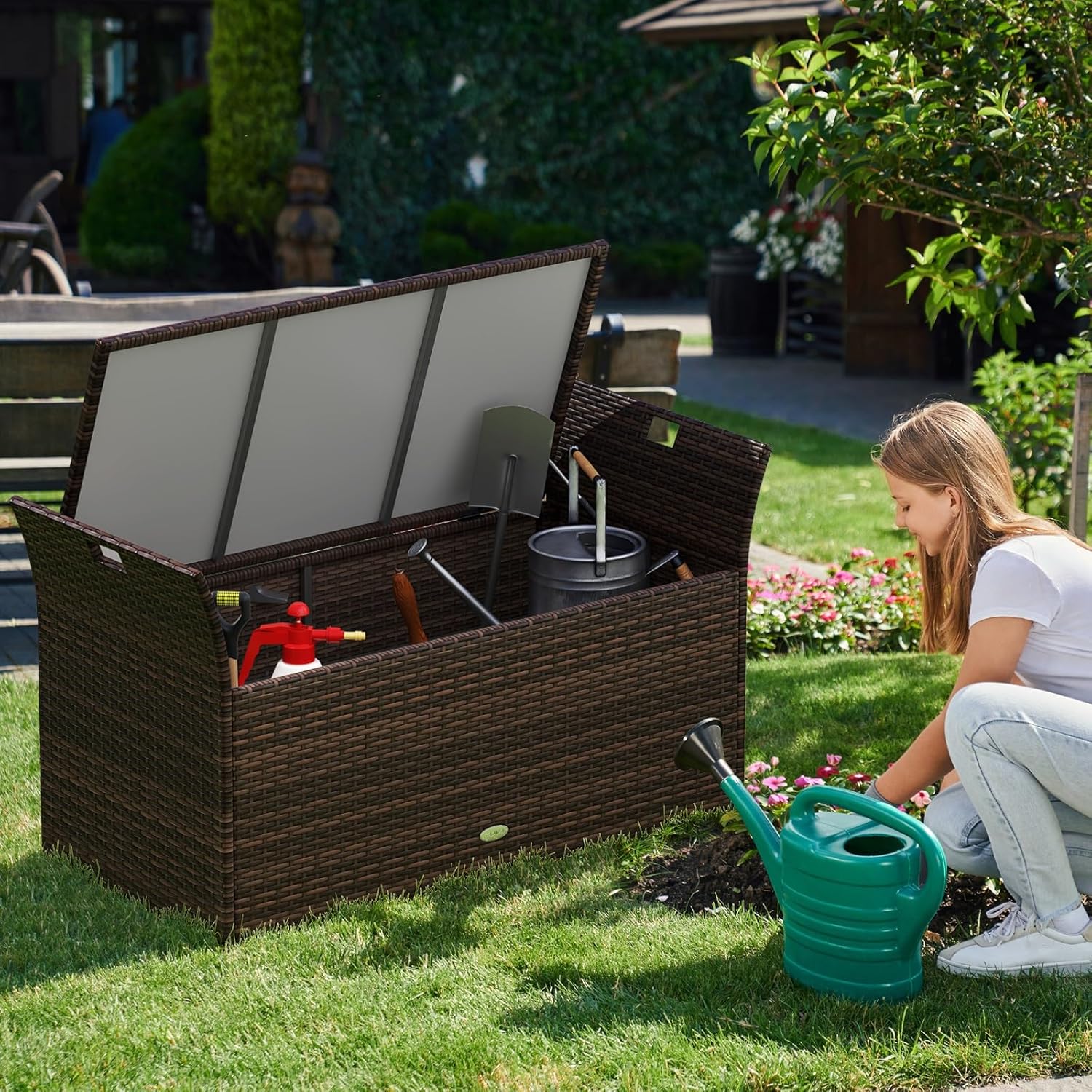 RELAX4LIFE Wicker Outdoor Storage Bench - 68 Gallon Rattan Deck Box w/Side Handles & Soft Cushion for Pillows, Garden Tools, Pool Accessories, Sports Equipment, Patio Bench with Storage for Porch