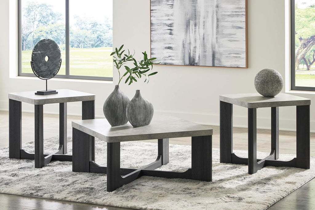 GTU Furniture Contemporary MDF Square 3-Piece Coffee Table Set, Cocktail Table with 2 Matching End Tables, Two-Tone Gray Finish for Living Room