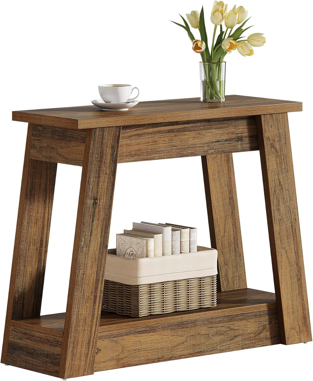 Tribesigns Wood End Table, Small Side Table with 2 Storage Shelves, Rustic Accent Narrow Nightstand for Living Room, Bedroom (1, Rustic Brown)