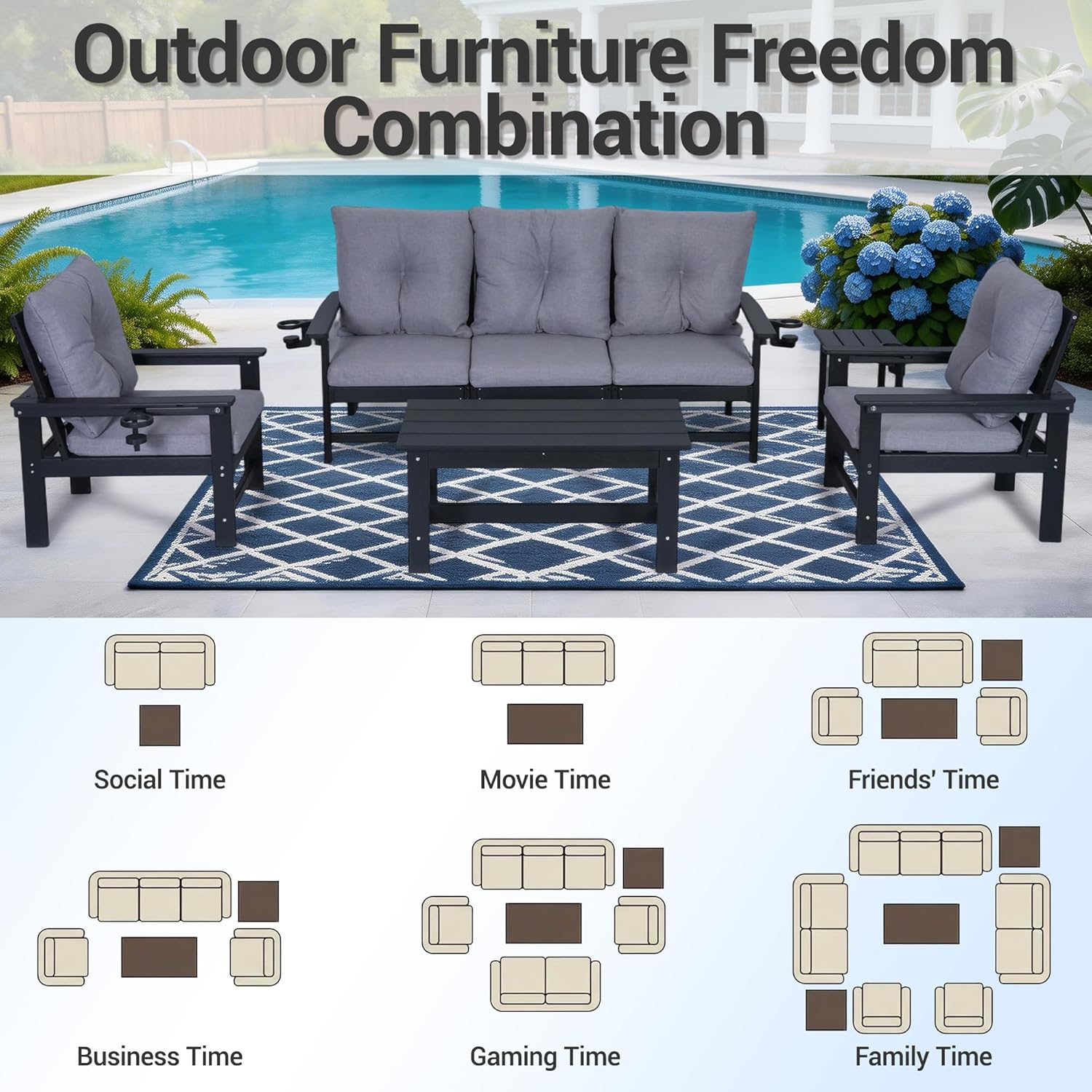 Set of 2 HDPE Adirondack Patio Armchairs, All Weather Outdoor Lounge Chairs w/ 3.5'' Thick Washable Cushions & Cup Holders, Rustproof 304 Stainless Steel Hardware for Garden Deck Poolside, Black