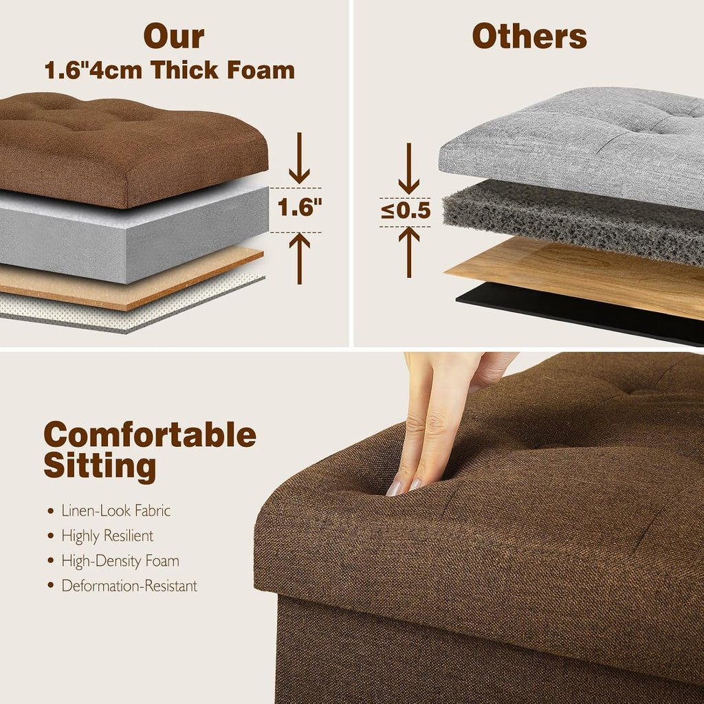 Storage Ottoman Cube, 17" High Folding Linen Foot Rest for Bedroom, Brown | Small Ottoman with Storage for Dorm with Thicker Foam Padded Seat. Foot Stools Ottoman with Side Pocket & Handles, 17x13x13in