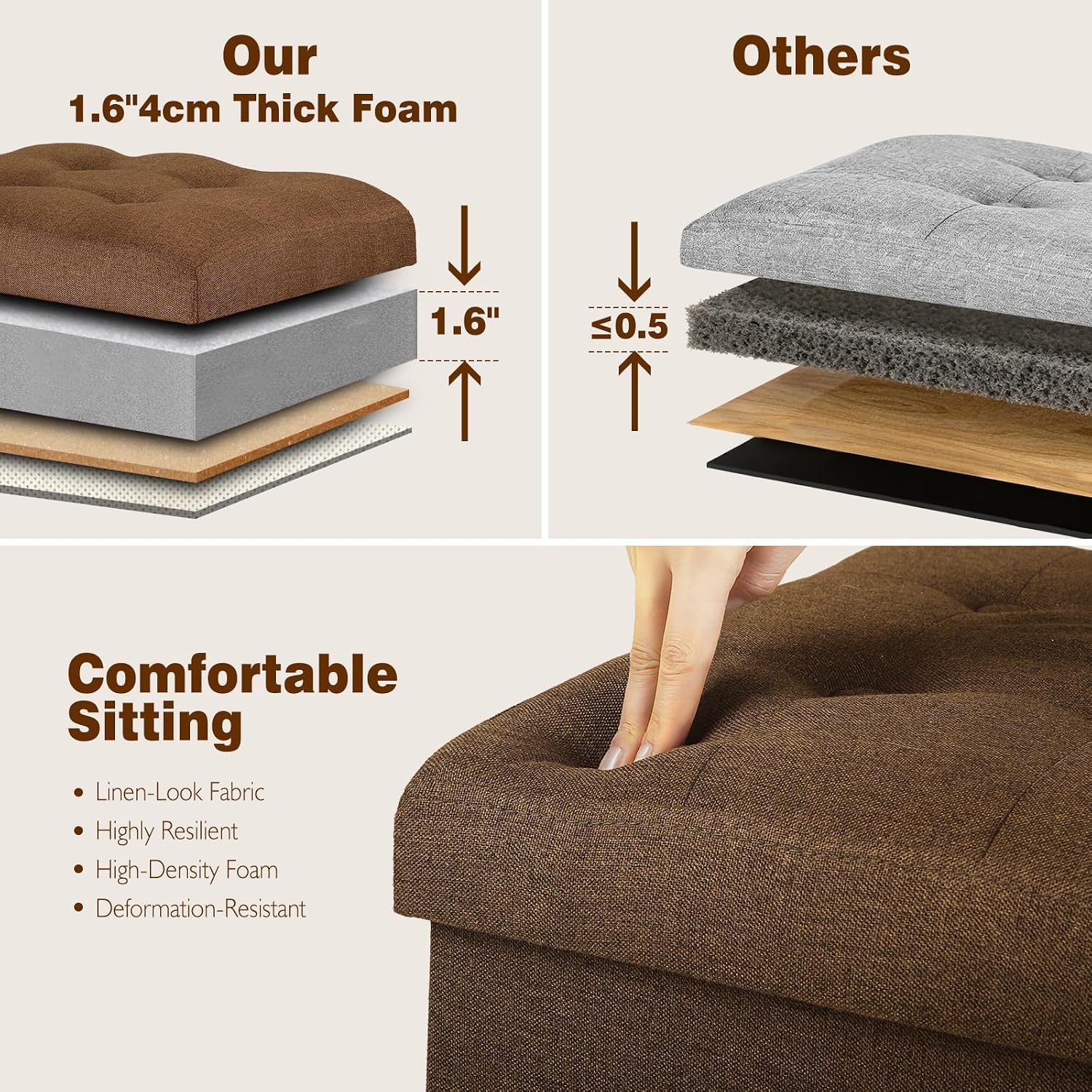 Storage Ottoman Cube, 17" High Folding Linen Foot Rest for Bedroom, Brown | Small Ottoman with Storage for Dorm with Thicker Foam Padded Seat. Foot Stools Ottoman with Side Pocket & Handles, 17x13x13in