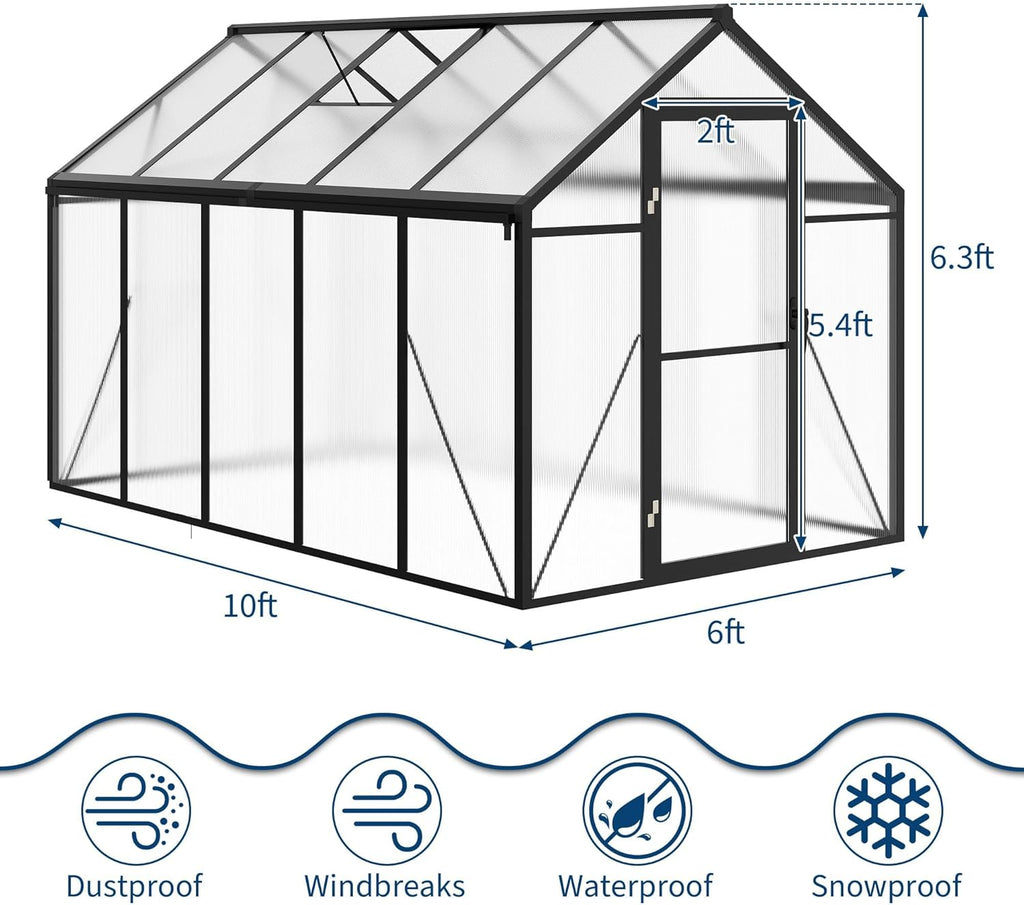 6x10 FT Greenhouse for Outdoors, Polycarbonate Greenhouse with Roof Vent, Ground Nails, Lockable Push Door, Aluminum Large Walk-in Green House for Outside Garden Backyard, Patio, Lawn, Black