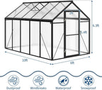 6x10 FT Greenhouse for Outdoors, Polycarbonate Greenhouse with Roof Vent, Ground Nails, Lockable Push Door, Aluminum Large Walk-in Green House for Outside Garden Backyard, Patio, Lawn, Black