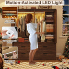 Farmhouse 4 Doors Armoire Wardrobe Closet w/Folding Sliding Barn Door and Lights, LED Armoire Closet w/Drawers for Bedroom, Freestanding Wooden Wardrobe Storage Closets w/Hanging Rod,Rustic Brown