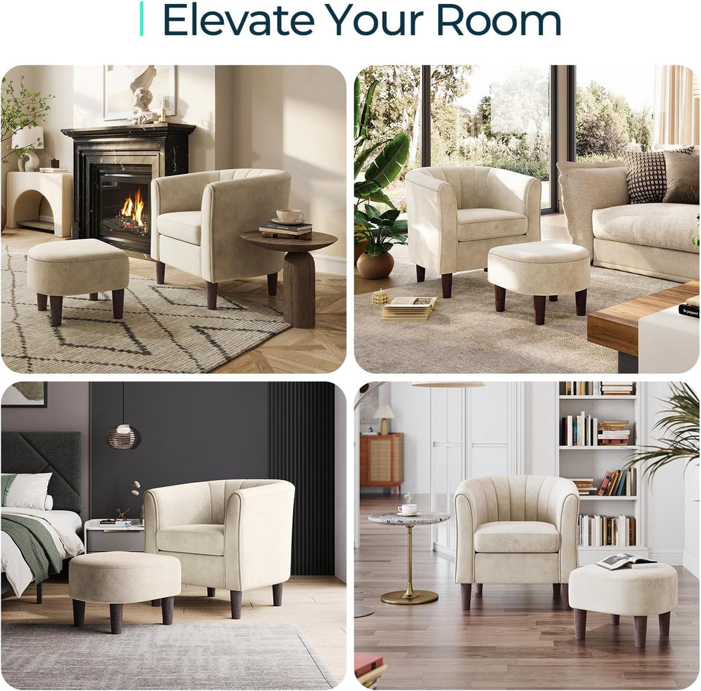LINSY Accent Chair with Ottoman, Modern Barrel Chair Small Armchair Reading Chair with Footrest, Comfy Round Arms Chair for Living Room Bedroom Reading Room, Velvet, Cream