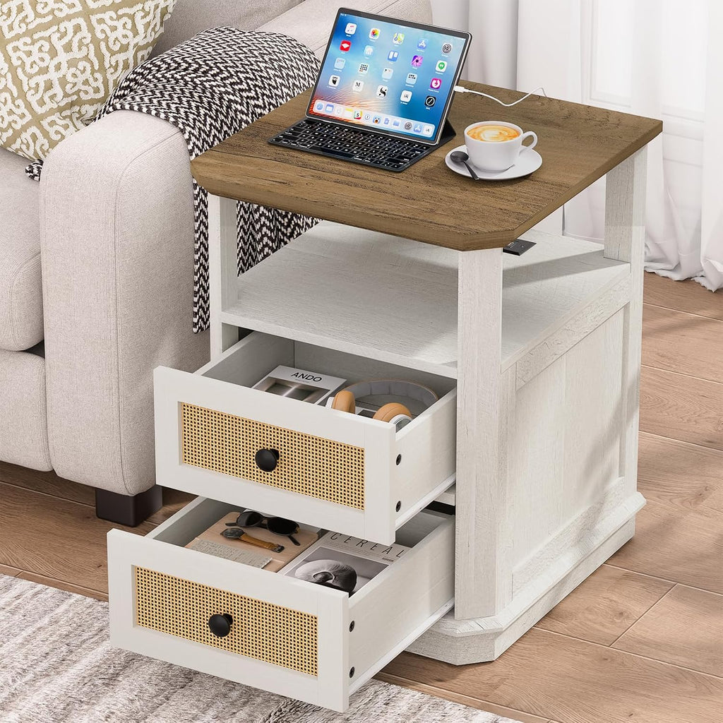 REDAYFUR End Table with Charging Station, 18" Small Modern Farmhouse Nightstand with Rattan Drawers, Tall Bedside Table & 2-Drawer Dresser for Bedroom, Living Room, Hallway, White
