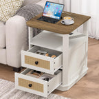 REDAYFUR End Table with Charging Station, 18" Small Modern Farmhouse Nightstand with Rattan Drawers, Tall Bedside Table & 2-Drawer Dresser for Bedroom, Living Room, Hallway, White