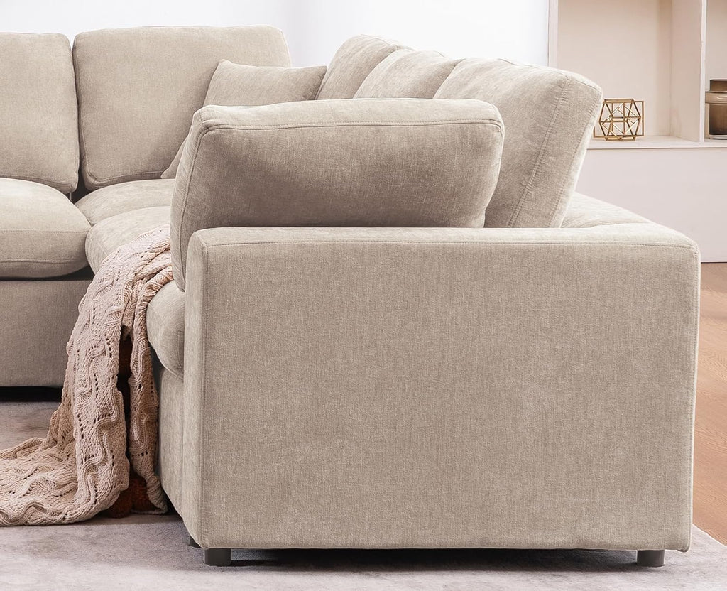 Oversized Modular Sectional Sofa, 7 Seater Cloud Couch with Ottoman | 130" Beige, Large U Shaped Convertible Corner Sofa In Chenille Fabric, Solid Wood Frame, for Spacious Living Room