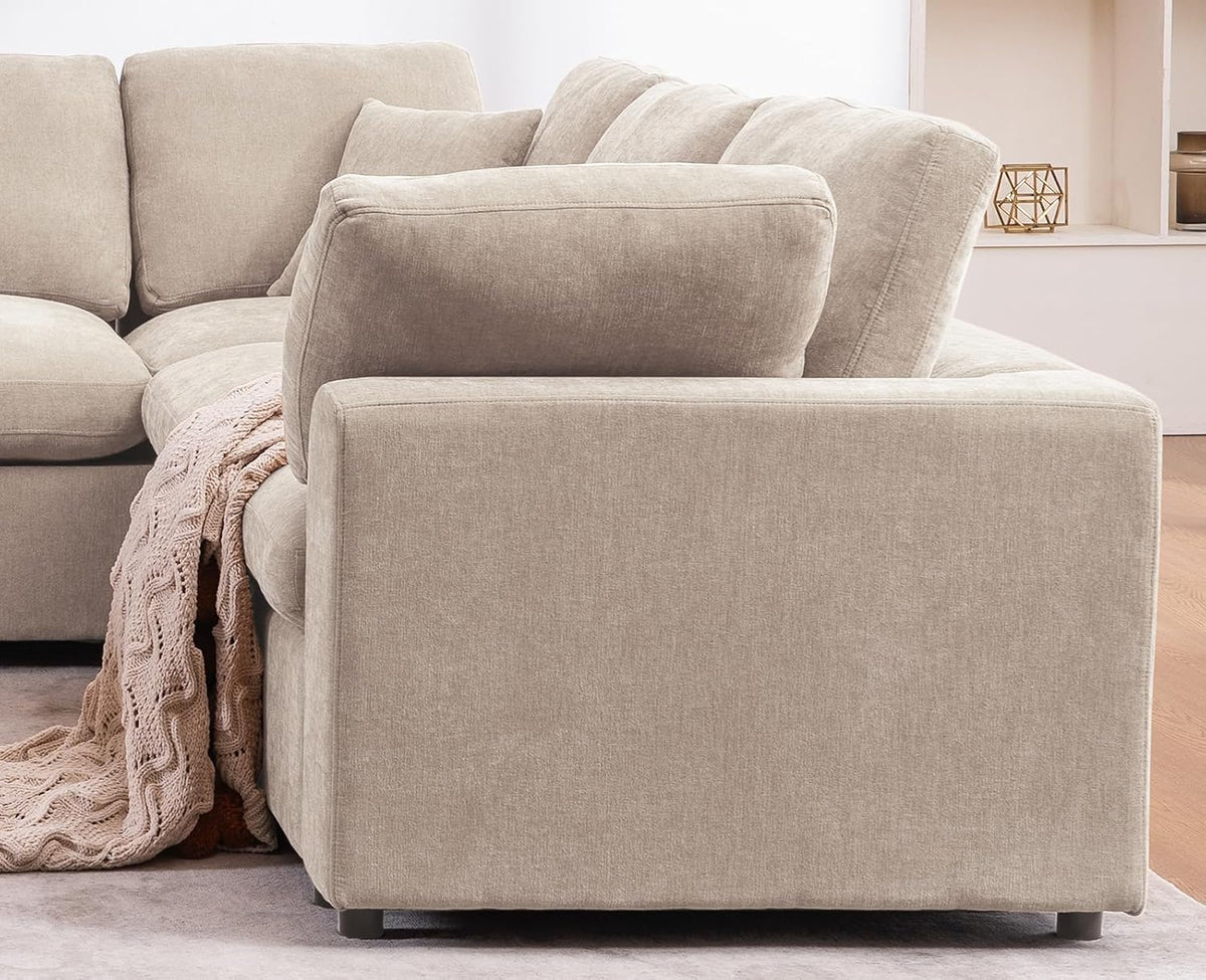 Oversized Modular Sectional Sofa, 7 Seater Cloud Couch with Ottoman | 130" Beige, Large U Shaped Convertible Corner Sofa In Chenille Fabric, Solid Wood Frame, for Spacious Living Room