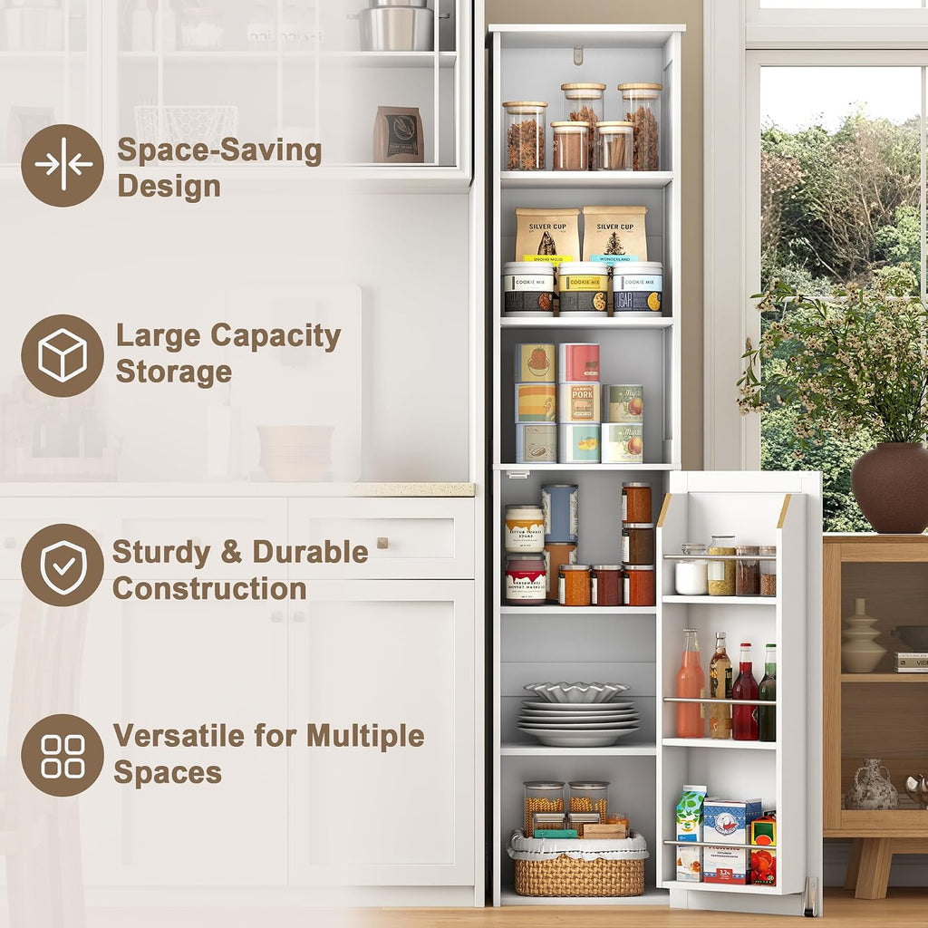 ChooChoo Narrow Kitchen Pantry Storage Cabinet, Slim Storage Cabinet with Adjustable Shelves and Open Shelves, Tall Freestanding Pantry Cabinet for Small Spaces, Kitchen, Dining Room, Bathroom, White