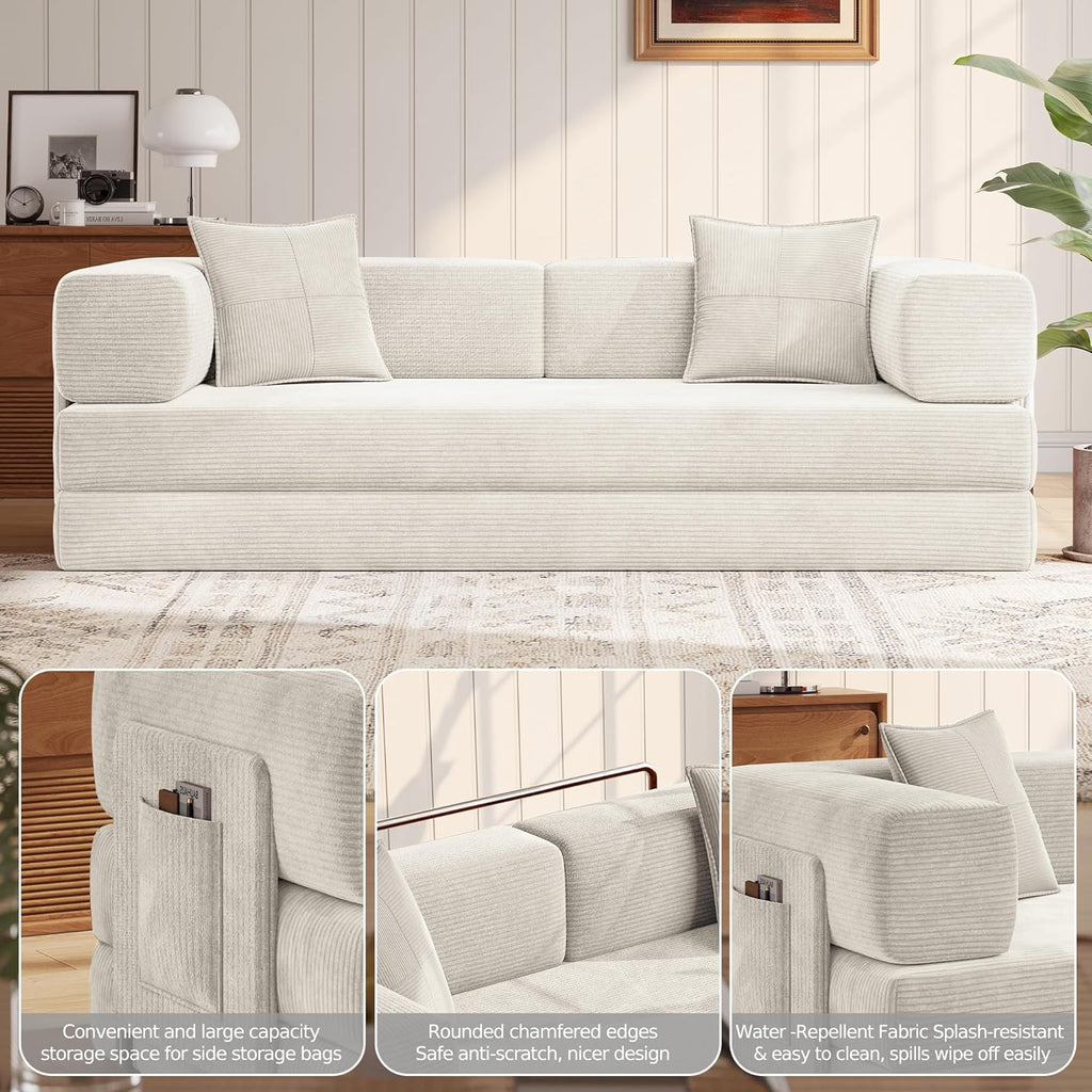 MoonSpeak 78.8'' Futon Sofa Bed, Couches for Living Room | Corduroy Convertible Futon Sofa Bed with Storage Pocket, Modular Sleeper Couch in a Box, No Assembly (White)