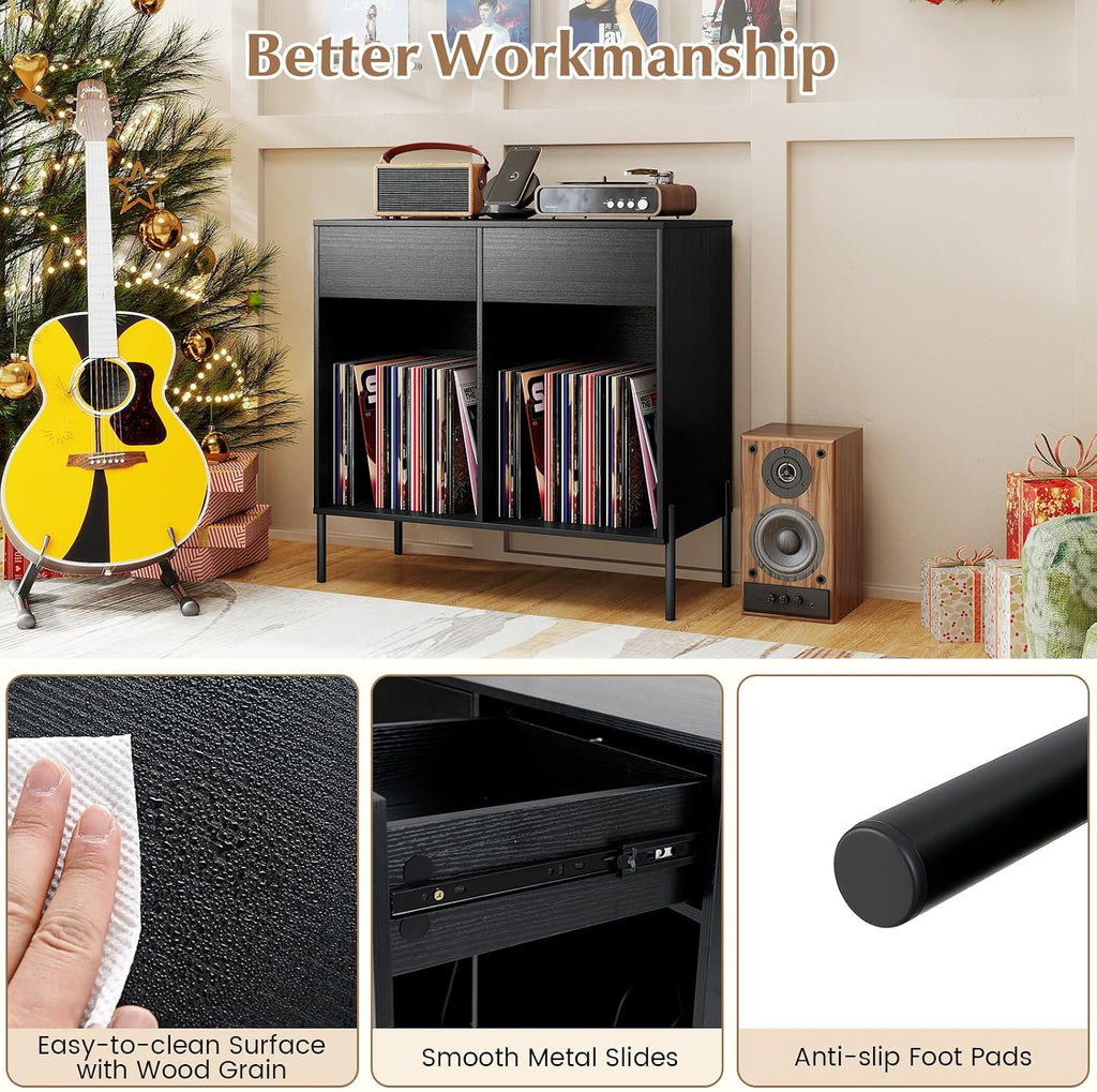 LOKO Large Record Player Stand with Charging Station, Vinyl Record Holder with Storage Compartments & 2 Drawers, Turntable Display Stand with Metal Legs for Living Room, Bedroom, Office (Black)