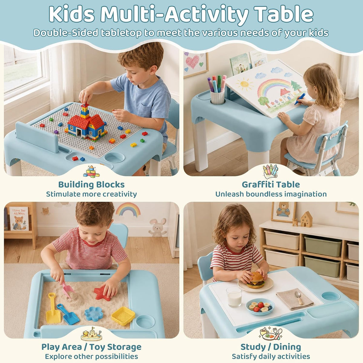 GITAWUSA Kids Table and Chair Set, Tilt Double-Sided, Storage, Grayish Blue | Height Adjustable Graffiti & Blocks Desktop, Toddler Activity Table for Age 3+ , Children Table for Playroom, Daycare, Home