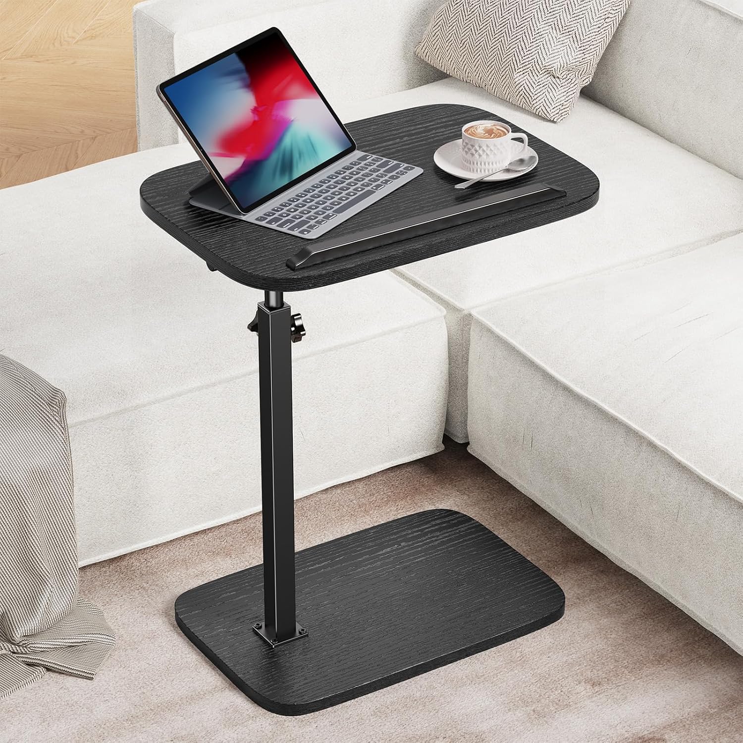 HUANUO TV Tray with Height Adjustment, 360° Swivel, 90° Tilt, Black | 19"–31.5" Height Range, Dual Knobs & Crossbeam for Stability, Anti-slip Bar, Foldable, for Eating & Working Beside Sofa, Bed
