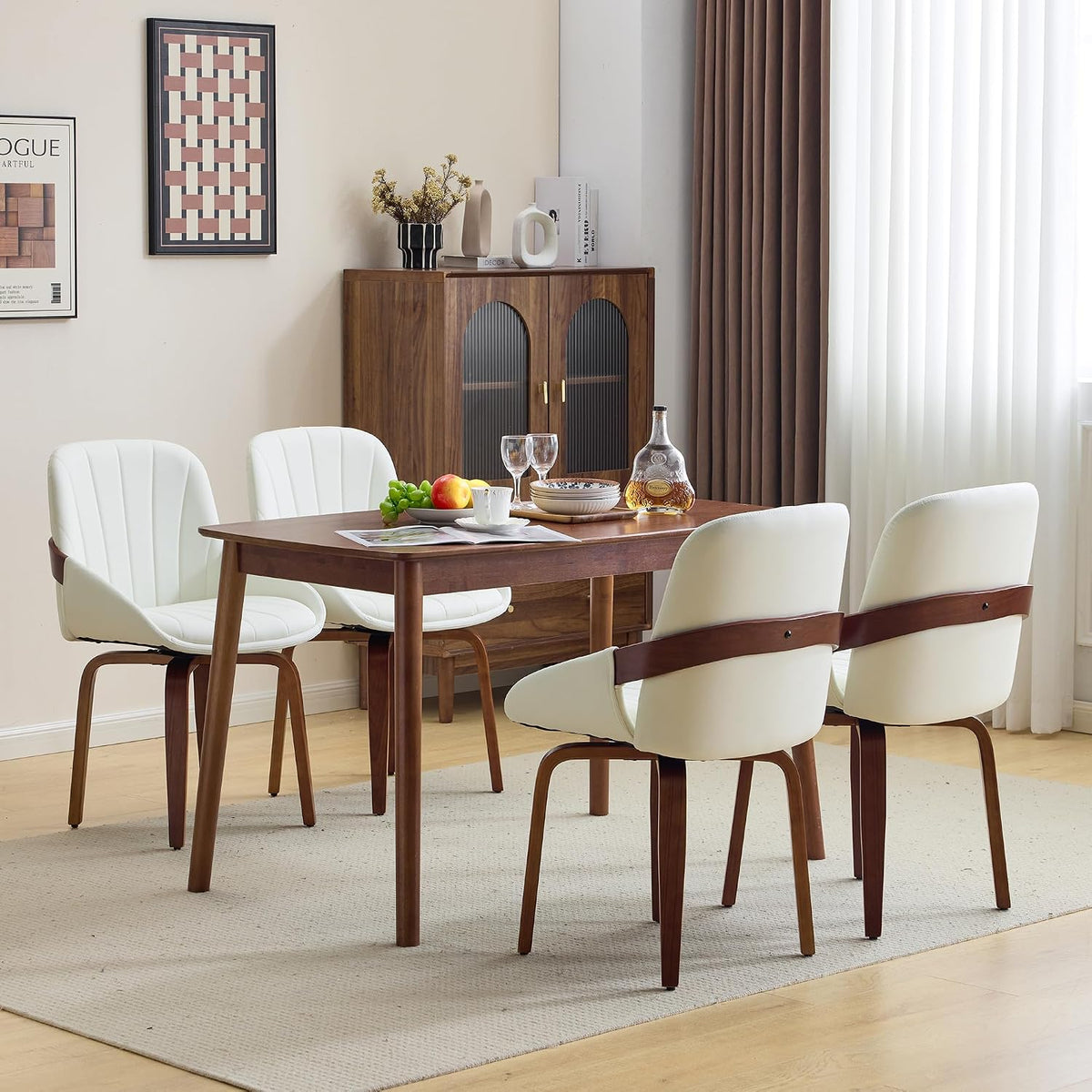 Swivel Dining Chairs Set of 4, Mid-Century Modern Dining Room Chairs with Arms Faux Leather Upholstered Kitchen Dining Chairs with Solid Wood Legs Accent Side Chair for Living Room, White
