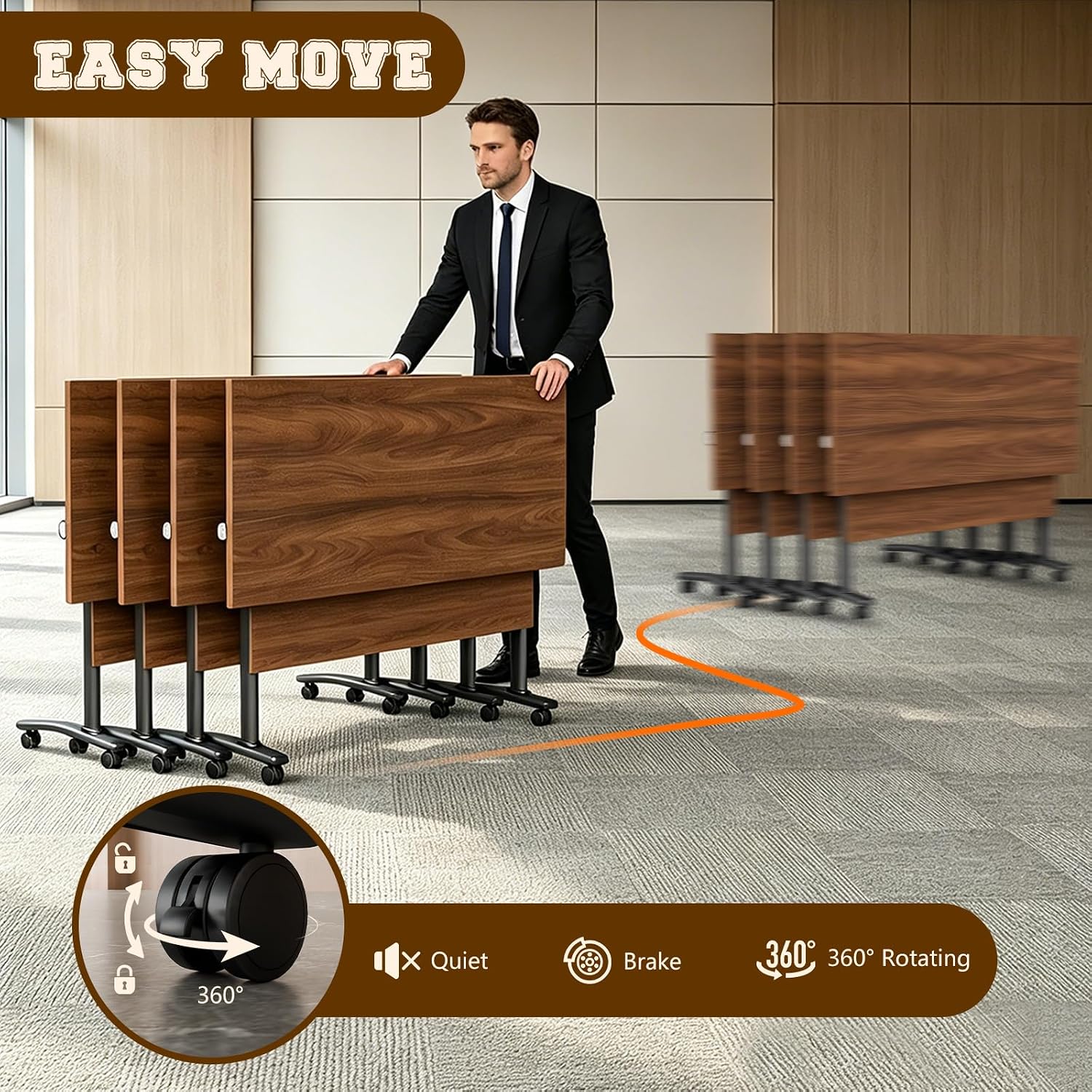 Folding Conference Table for 2-30 Person Modern Large Flip-Top Mobile Meeting Tables with Locking Wheels,Conference Room Table for Office Training Modular Seminar Table (10, Walnut, L70.9in)