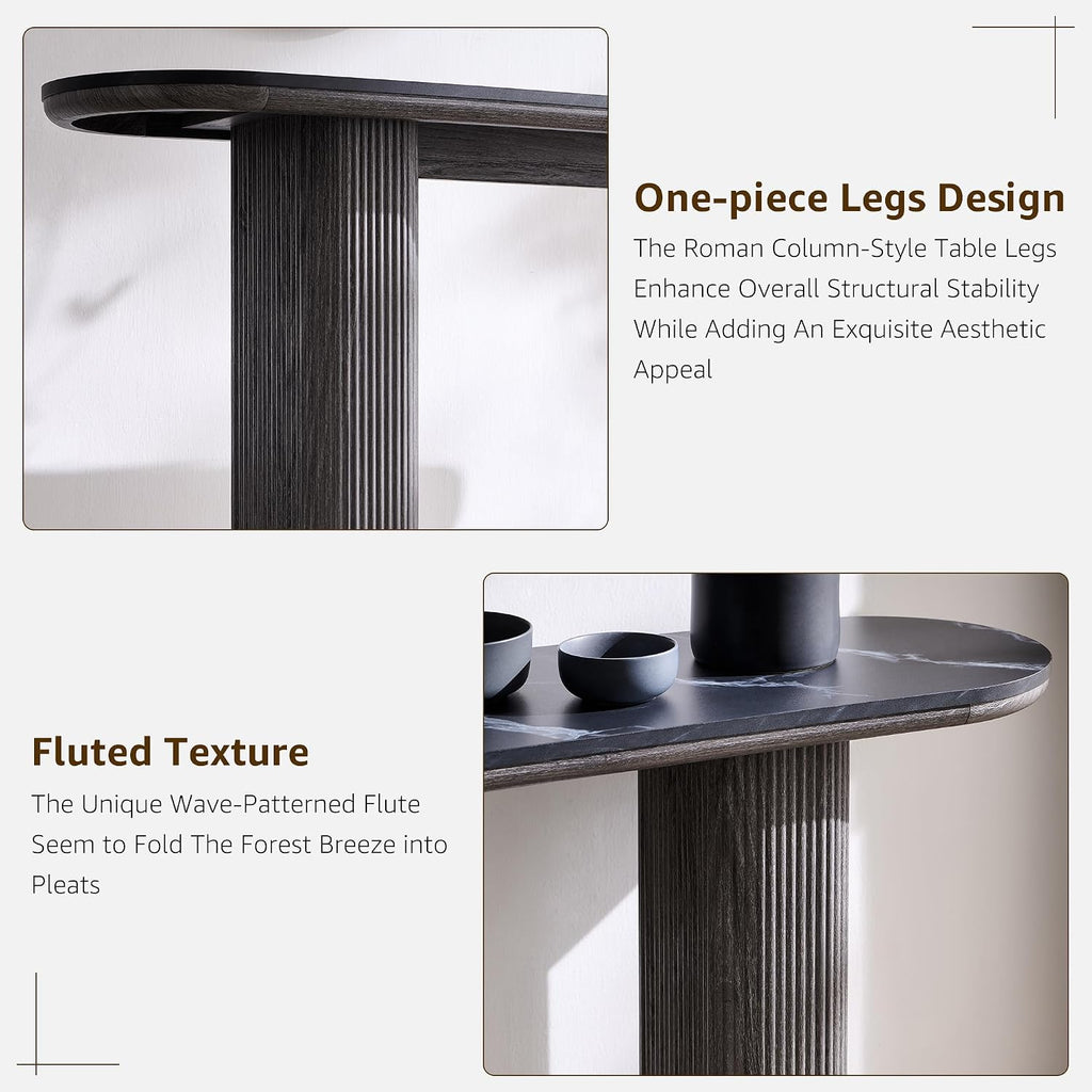 OKD 63" Modern Console Table with Arc Faux Marble Texture Top, Fluted Wood Base, Contemporary Entryway Sofa Table for Living Room, Hallway, Foyer, Dark Alder