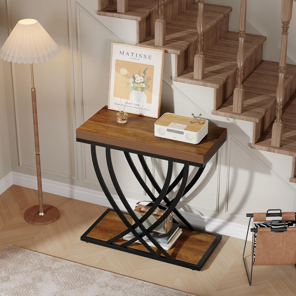 Tribesigns Side Table, 2-Tier Narrow End Table for Living Room, Industrial Nightstand with Metal Frame, Small Bedside Tables for Bedroom, Sofa Couch, Small Spaces, Rustic Brown