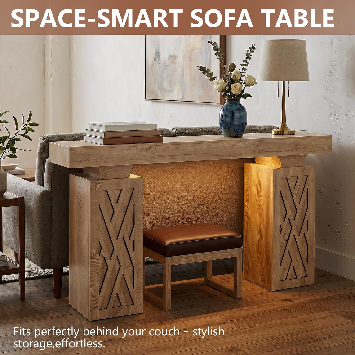 63-Inch Modern Console Table with LED & Outlet, Farmhouse Entryway Table with Geometric Base, Solid Wood-Grain Sofa Table Behind Couch, Narrow Accent Table for Hallway, Brown Oak