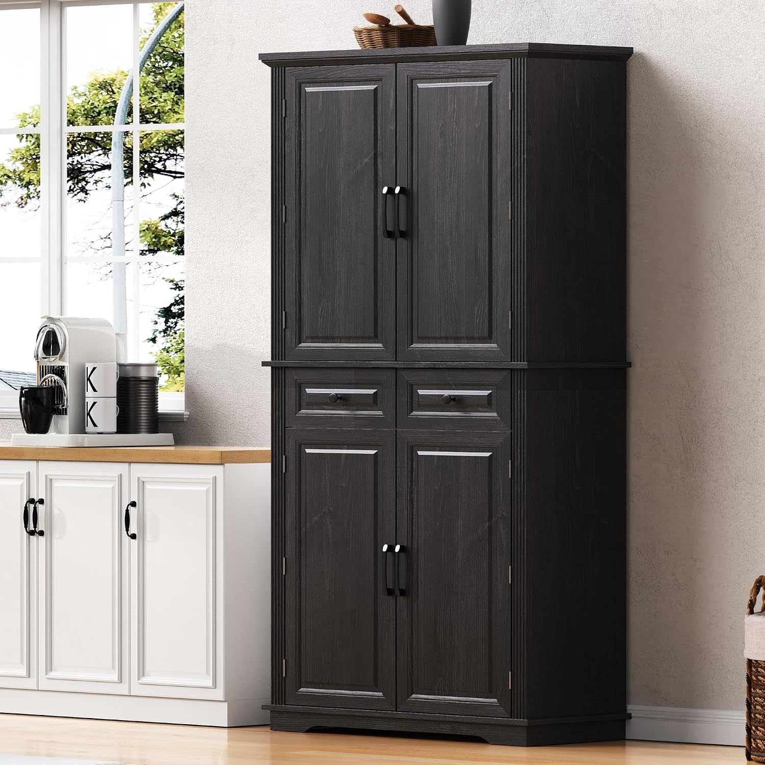71" Tall Kitchen Pantry Cabinet with 3 Pull Out Cabinet Organizers, Farmhouse Embossed Texture Storage Cabine with 6 Door Shelves, 2 Drawers, Freestanding Cupboard for Kitchen, Dining Room (Black)