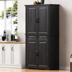 Tall Arched Pantry Cabinet with Pull-Out Cabinet Organizers, Brown | 71"H Farmhouse Storage Cabinet with 6 Door Shelves, 2 Drawers, Anti-Tipping, Embossed Texture for Dining Room