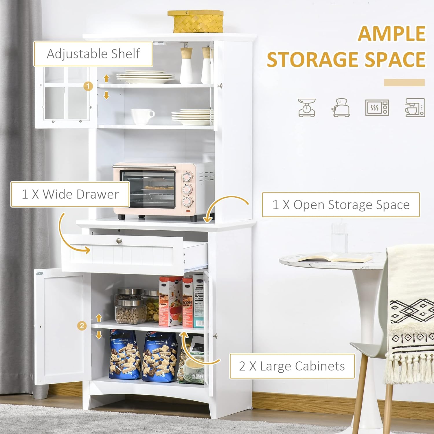 Elegant Buffet, Kitchen Pantry Storage Cabinet with Framed Glass Door Drawer and Microwave Space, White