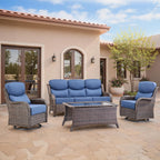 Swivel Patio Chairs sofa Set of 4 with 6" Thick Cushion - Wicker Outdoor Swivel Rocker Patio Chair ,Sofa/Glass coffee table, High Back Comfortable Outdoor Glider Chairs - Brown Wicker | Blue Cushions