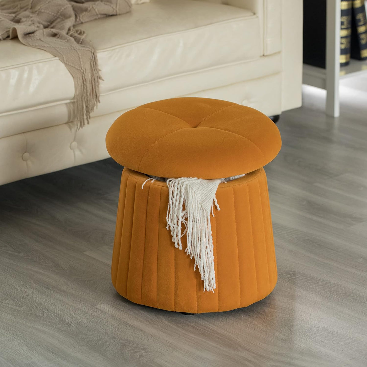 Fabulaxe Modern Tufted Velvet Mushroom Shape Storage Ottoman Storage Stool Trunk, Mustard Yellow
