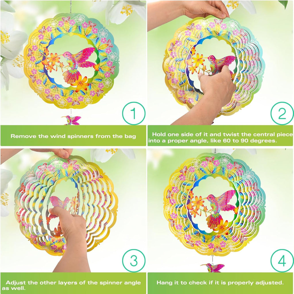 Wind Spinners - 12 Inches Large Hummingbird Wind Sculptures, 3D Reflective Metal Wind Spinner for Yard and Garden, Hummingbird Gifts for Daughter, Mom, Grandma's Birthday, Yellow Green