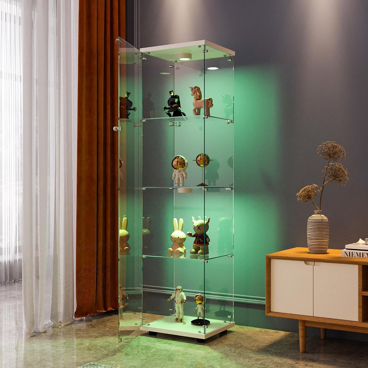 FANYUSHOW Display Cabinet with Glass Door and LED Light, 4-Tier Tempered Glass Display Shelf, Glass Curio Cabinet Collection Display Case, Display Case Cabinet, White 64.7" H x 16.7" L x 14.37" W