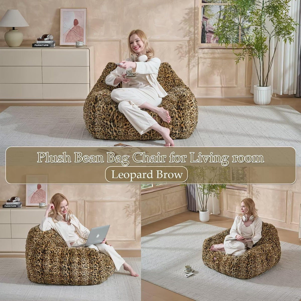 Giant Bean Bag Chair,Oversized Plush Comfy Bean Bag Sofa for Adults and Kids,Ultra Soft Living Room Bedroom Game Room Bean Bags with Armrests-Leopard Brown
