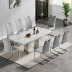 9 Piece Dining Table Set, 68.11" Dining Table and Chairs Set for 8, Modern Faux Marble Dining Table with 8 Grey Leather Chairs, White Kitchen Table with Silver Stainless Steel Base for Kitchen