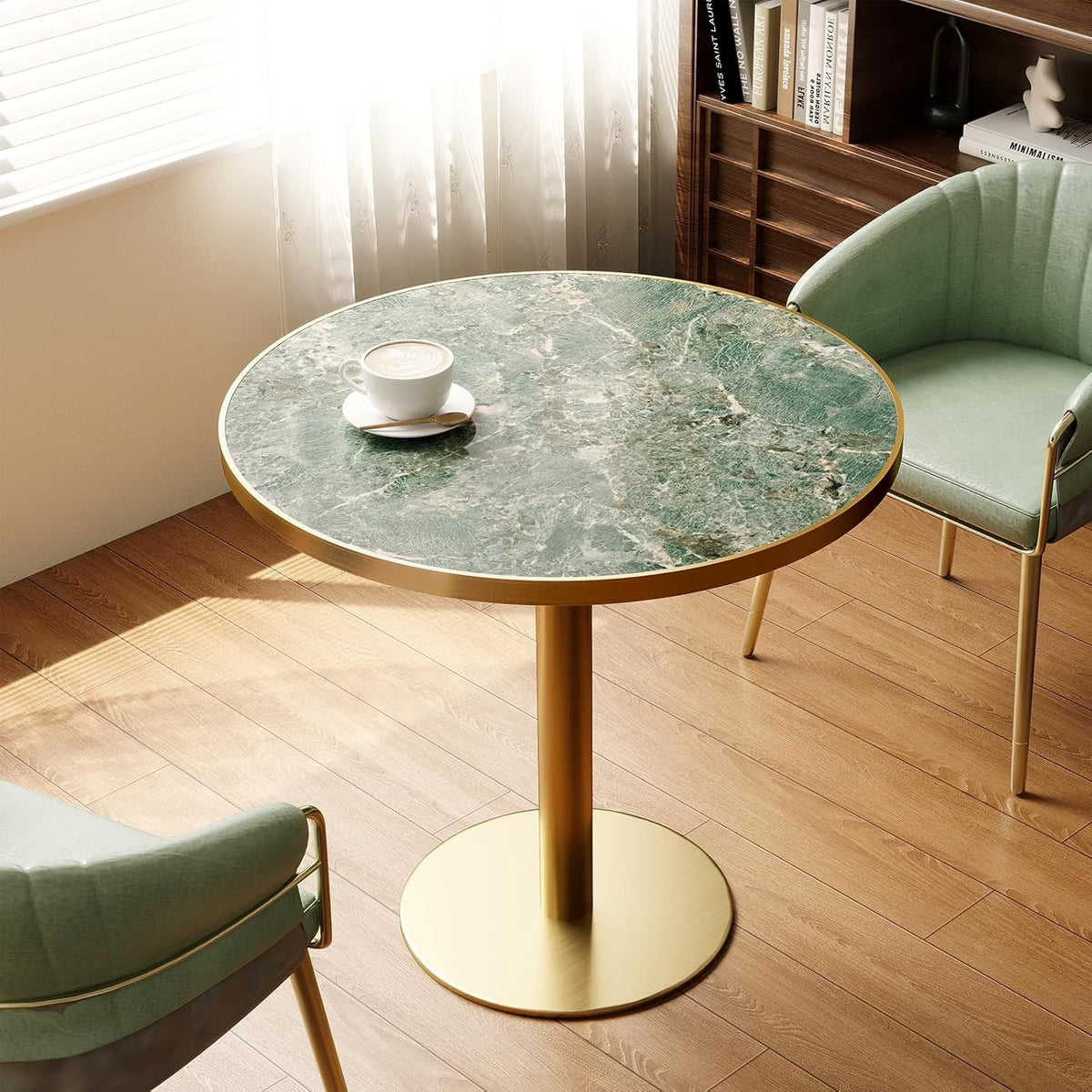 31.5'' Tulip Table, Round Pedestal Dining Table with Sintered Stone Tabletop, Golden Edge & Base, Bistro Table for 2-4 Person for Dining Room/Cafe/Small Spaces/Restaurant (Rainforest Green Marble)