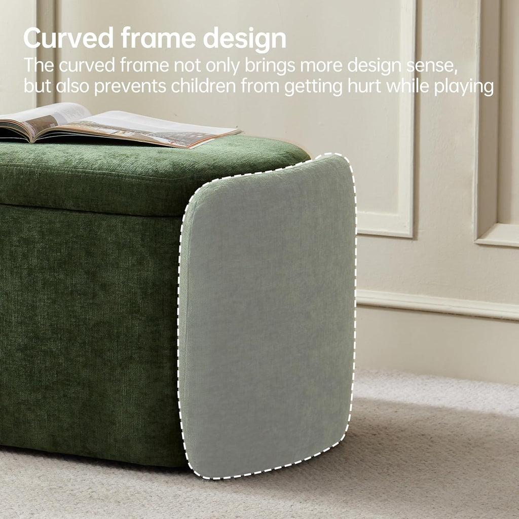 VKNOW Storage Bench, Upholstered Storage Ottoman Bench with Hinge, Green | Ottoman Bench with Large Capacity, Curved Frame, Soft Fabric, Storage Bench for Bedroom, Living Room, Entryway, Window