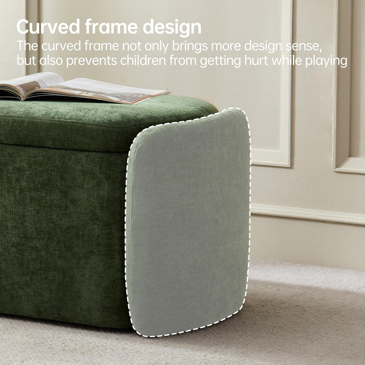 VKNOW Storage Bench, Upholstered Storage Ottoman Bench with Hinge, Green | Ottoman Bench with Large Capacity, Curved Frame, Soft Fabric, Storage Bench for Bedroom, Living Room, Entryway, Window
