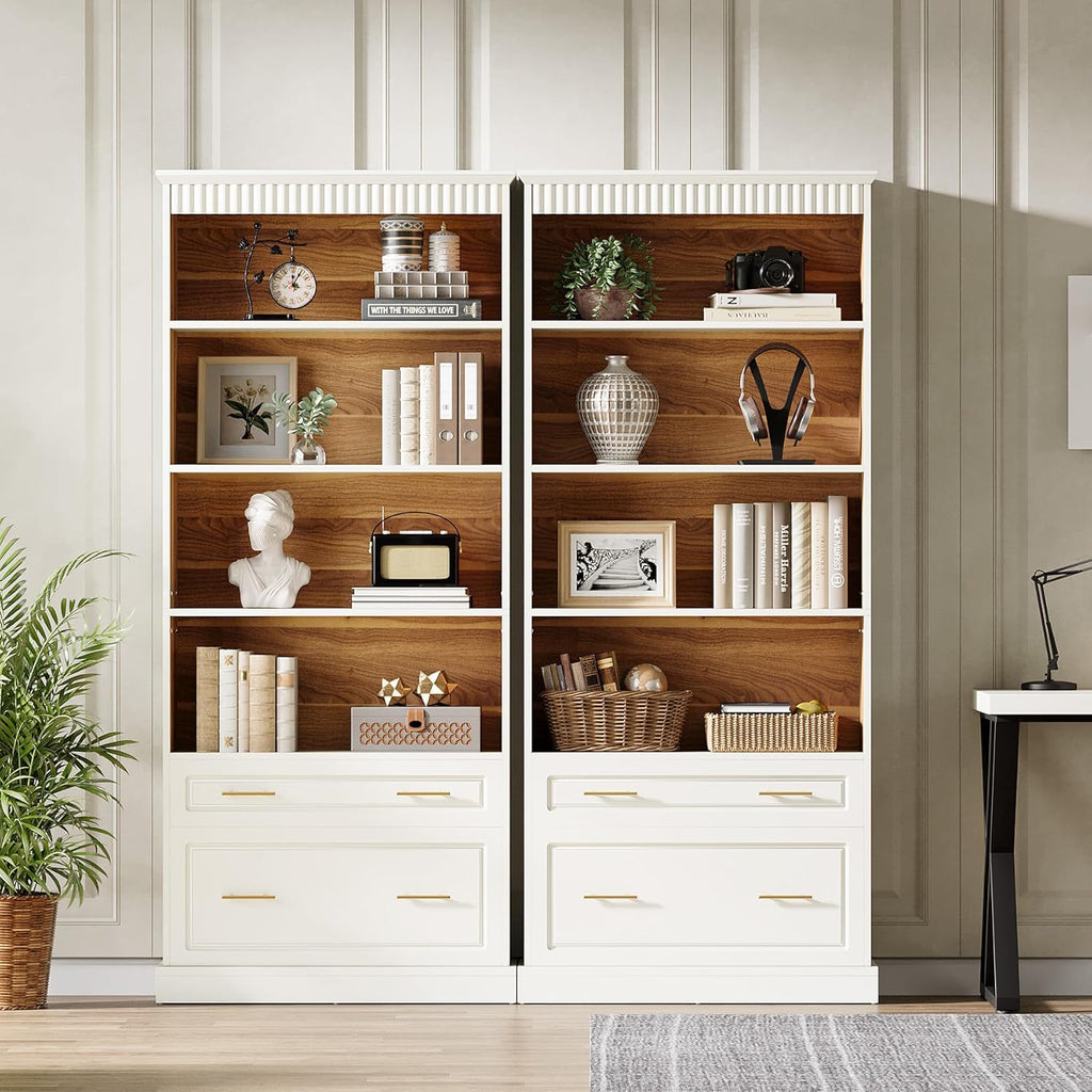Tribesigns 5-Shelf Bookcase with File Cabinet Drawer, 72" Tall Bookshelf, Modern Free-Standing Wood Bookcase, Large Open Display Storage Book Shelf for Living Room (2pcs, White)