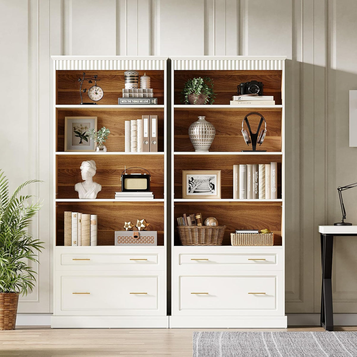 Tribesigns 5-Shelf Bookcase with File Cabinet Drawer, 72" Tall Bookshelf, Modern Free-Standing Wood Bookcase, Large Open Display Storage Book Shelf for Living Room (2pcs, White)